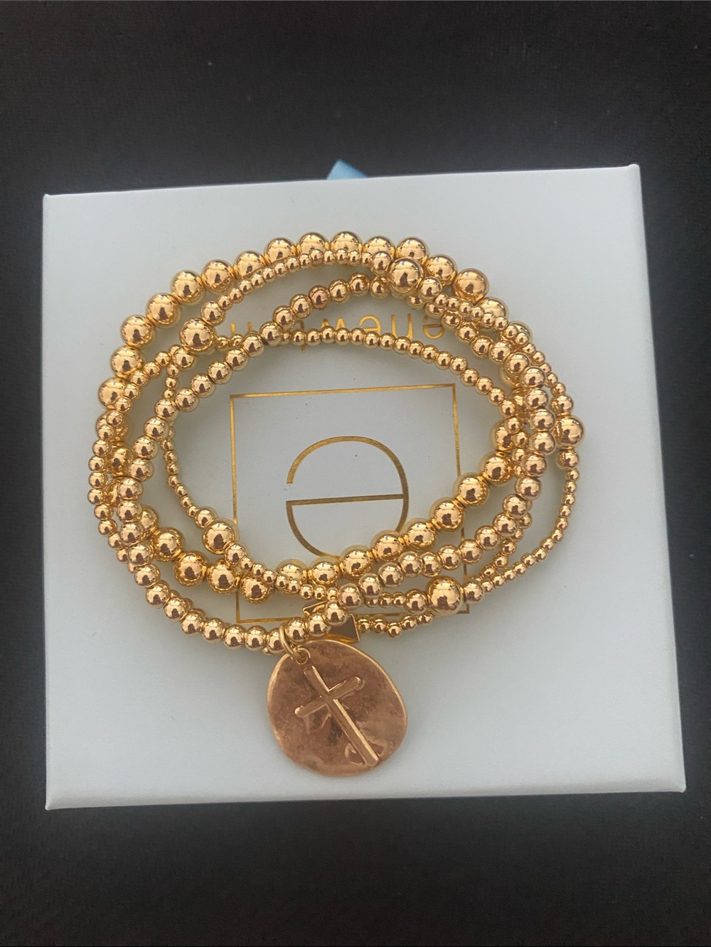 Gold Beaded Bracelet Stack with Cross Charm